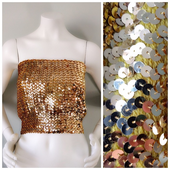 Vintage Tops Vintage 99s Gold Sequin Tube Top Disco Dance Xs S M