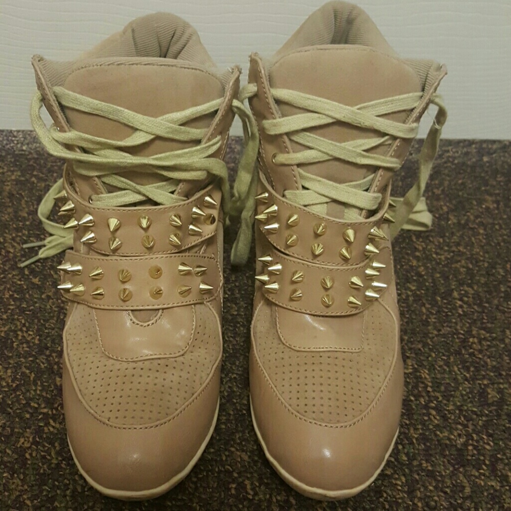 Brown-gold Spiked 3" Wedge Heel Boots