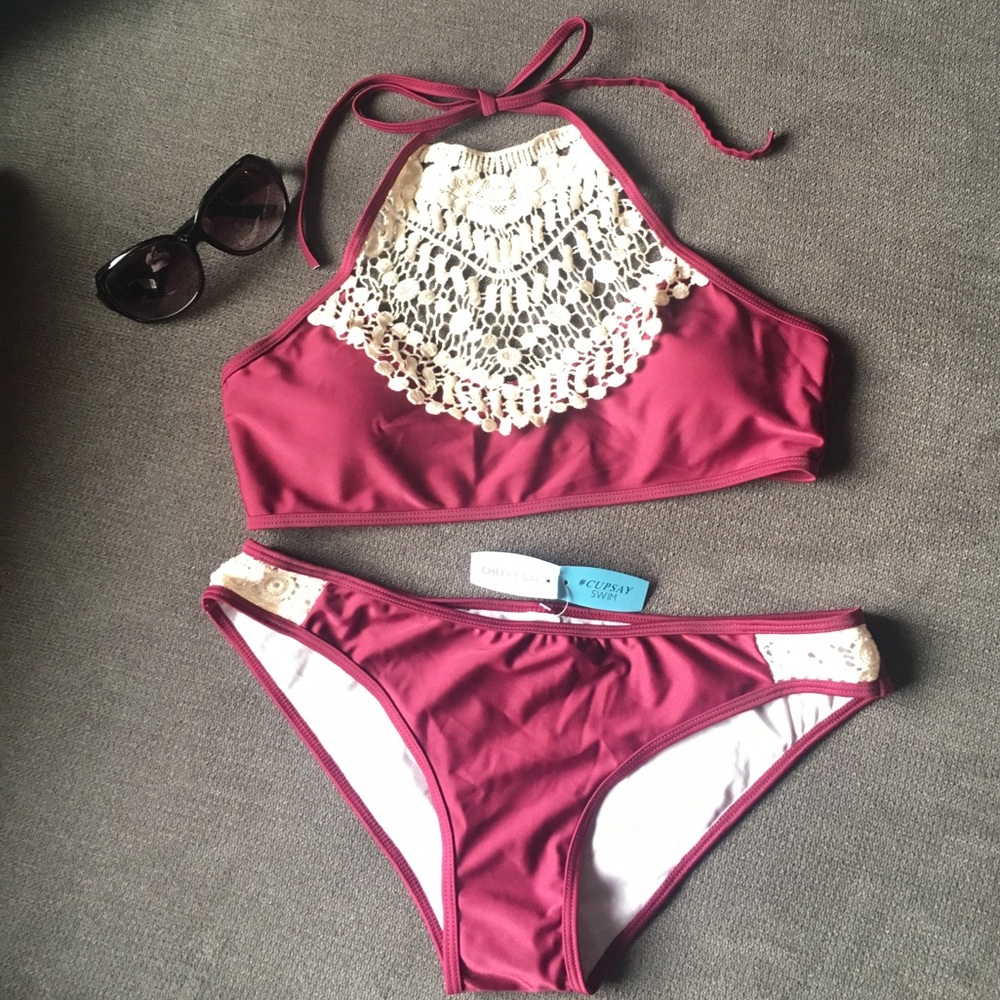 Cheeky Gal CupSay Maroon Ivory lace Bikini