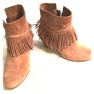 Brown suede ankle booties with fringe