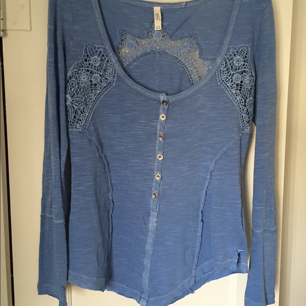 Free People Henley Crochet Blue Top