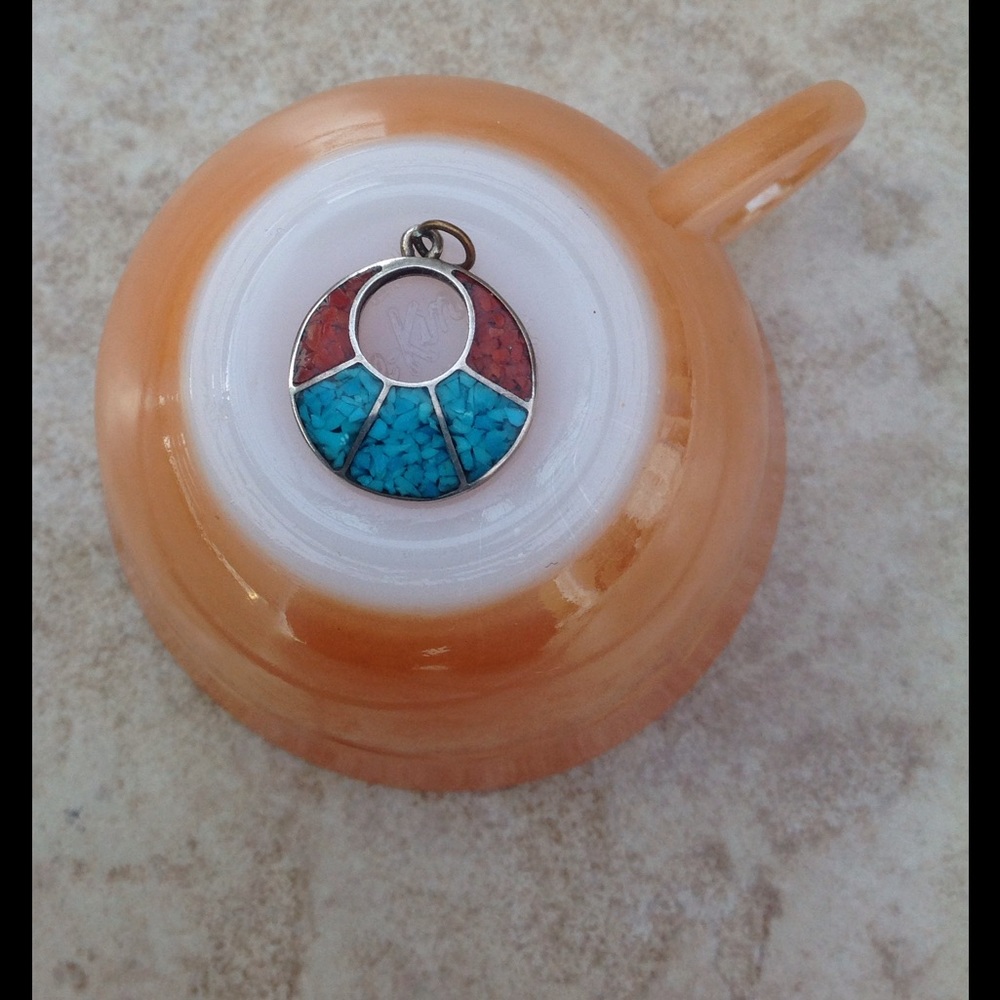 Turquoise, red and silver pendant