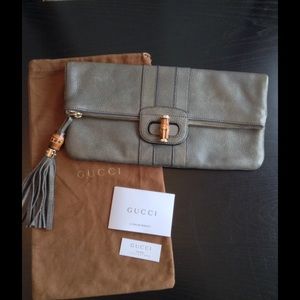 Gucci ‘Lucy’ Bamboo Tassel Gray Leather Clutch