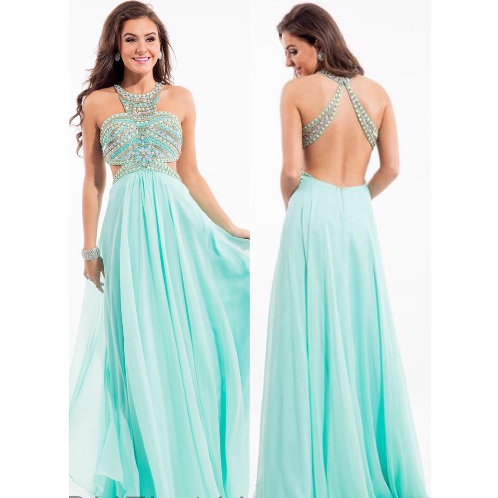 Long Teal Prom Dress w/ Beading & Open-back