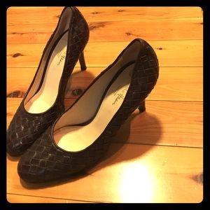Cole Haan brown basket weave leather heels.