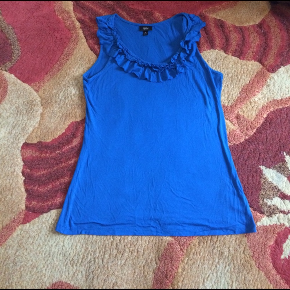 Bright blue top with ruffle neckline!
