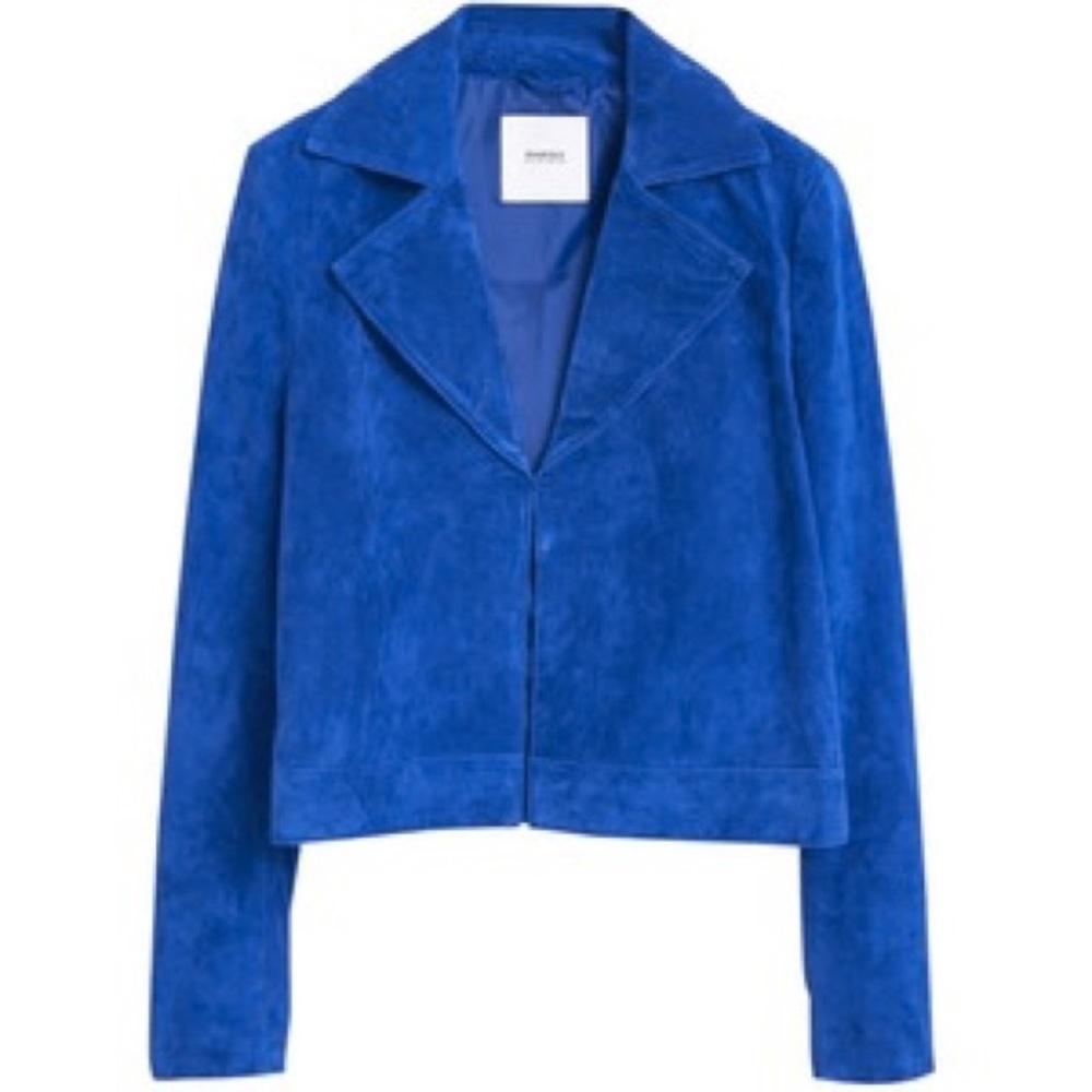 Mango Suede Cropped Leather Jacket, Bright Blue