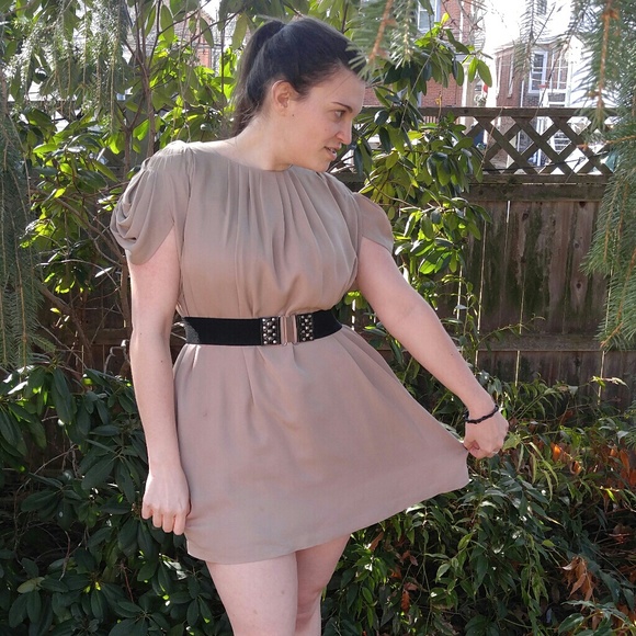Taupe Silk Mini Shift Dress - Picture 2 of 5