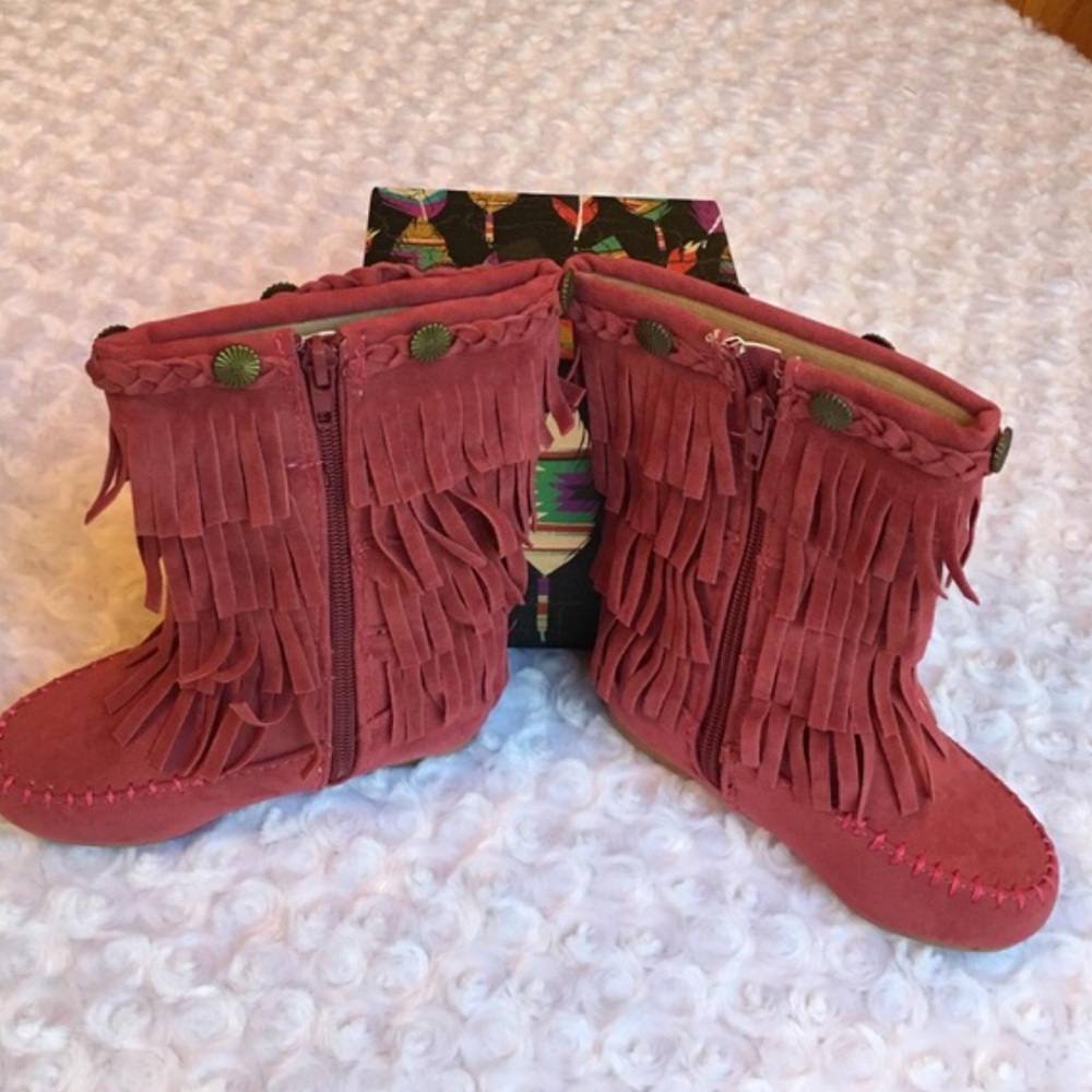 New| PINK FRINGE MOCCASIN BOHO BOOTS - Picture 4 of 4