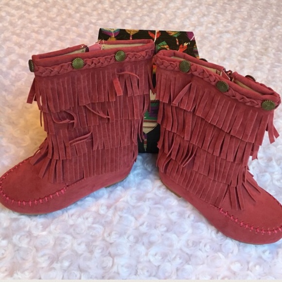 New| PINK FRINGE MOCCASIN BOHO BOOTS - Picture 3 of 4
