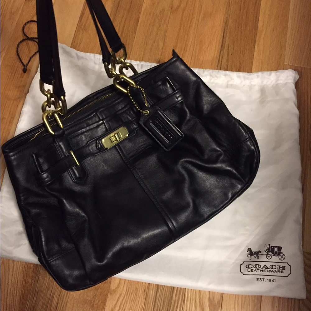 Coach black leather purse with gold chain links