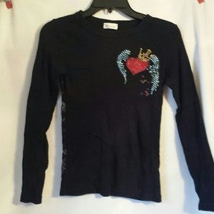 Black Henley w/ rhinestone heart wings