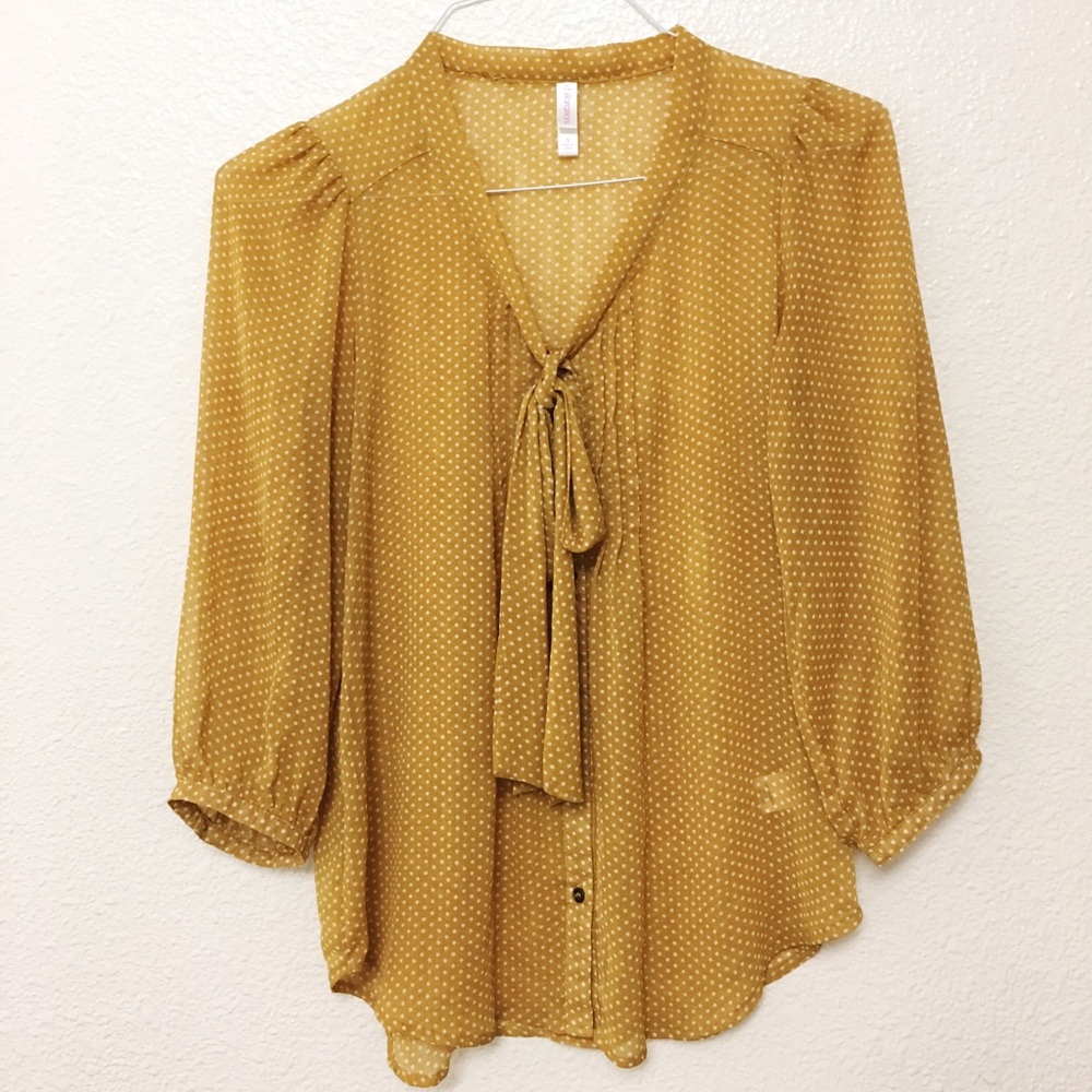 Chiffon Tie Neck Blouse - yellow polka dot