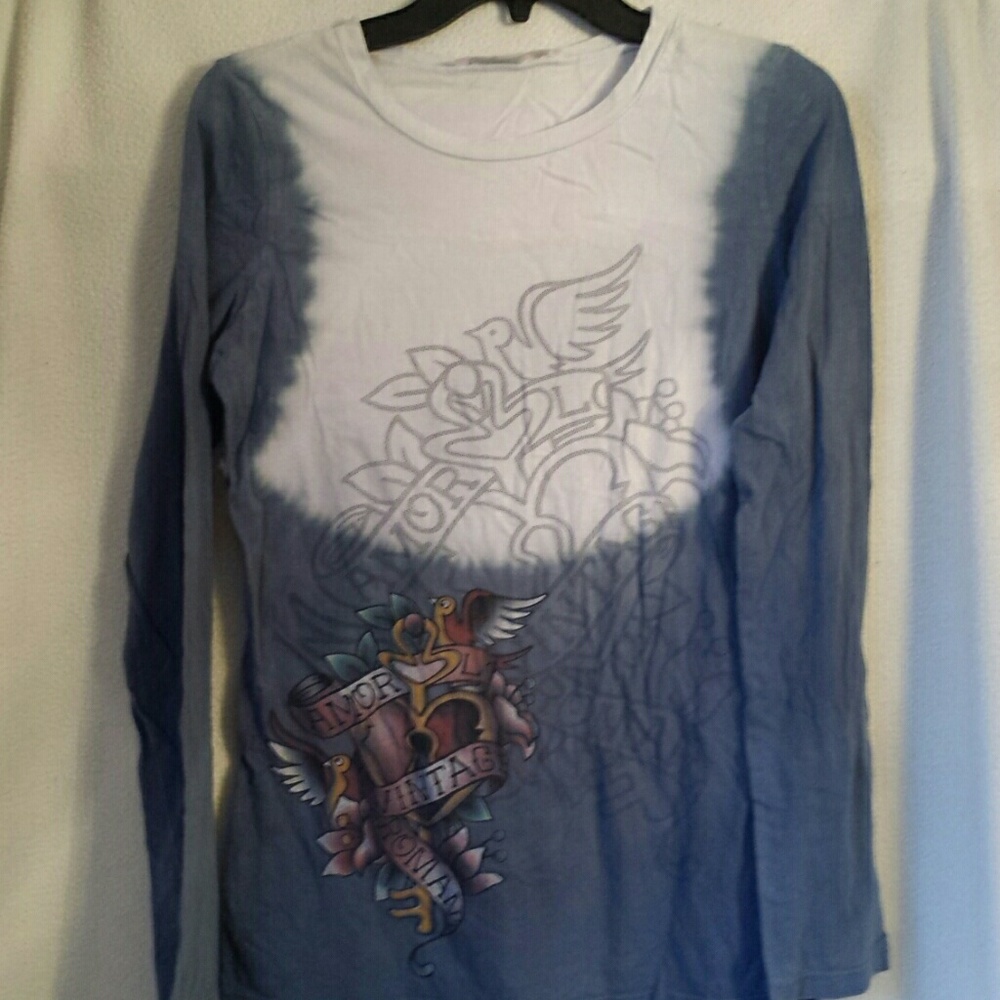 Blue and white long sleeve shirt key bird design