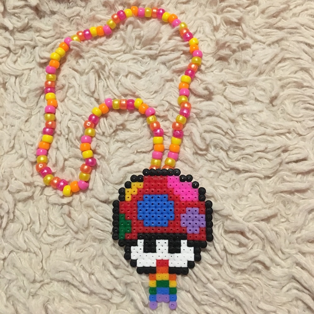 ✨Rainbow mario trippy mushroom perler necklace✨