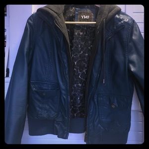 Faux blue leather jacket with removable hood