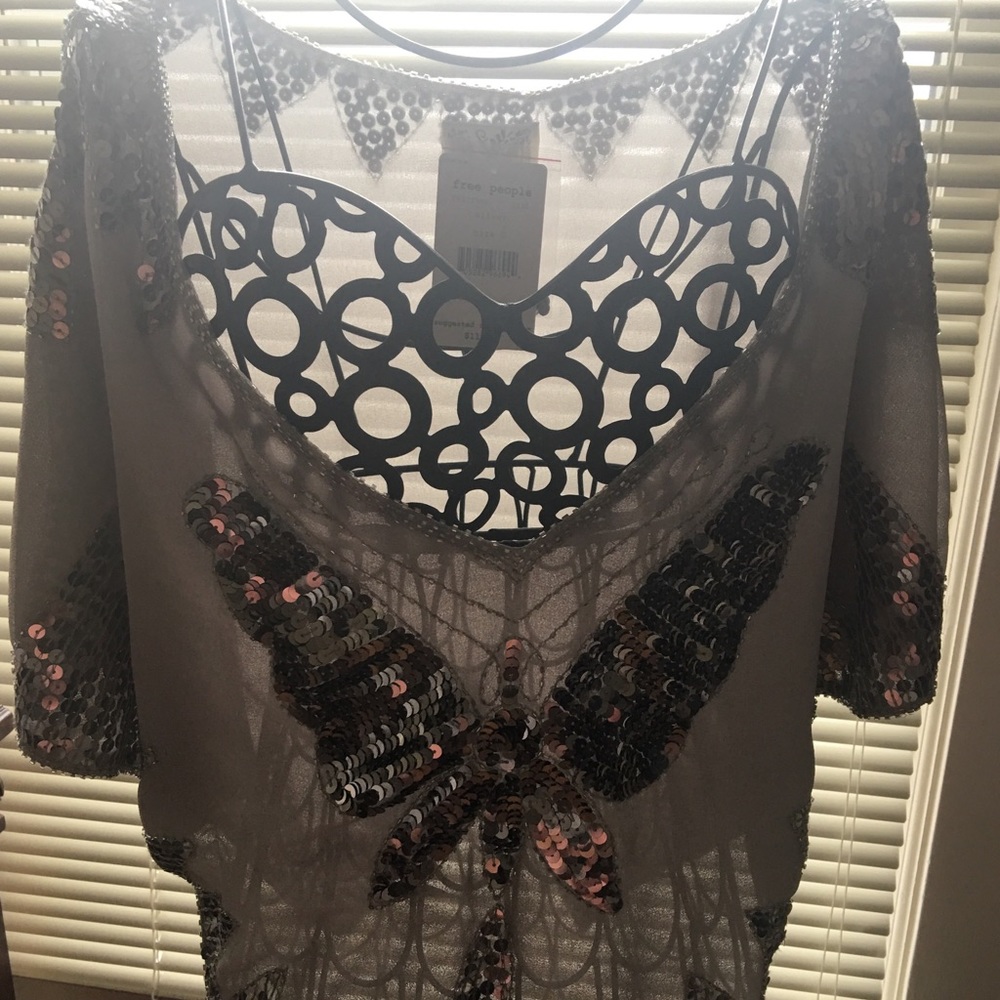 Free People silver sequin mid rise Top RARE - Picture 2 of 4