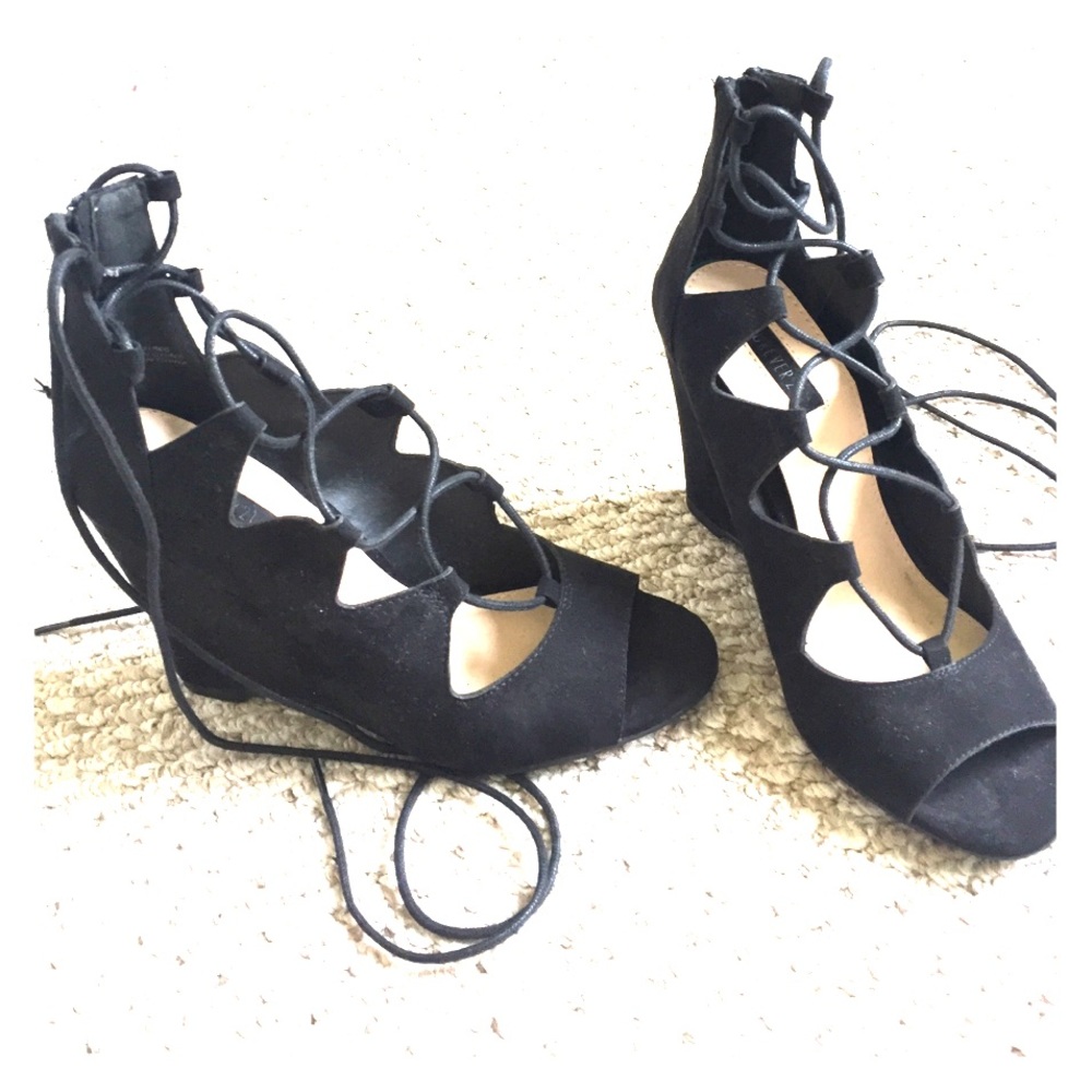 Black suede lace-up wedges