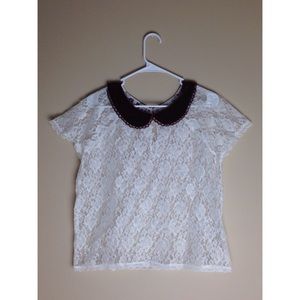 Lace See-Through Blouse With Velvet Collar