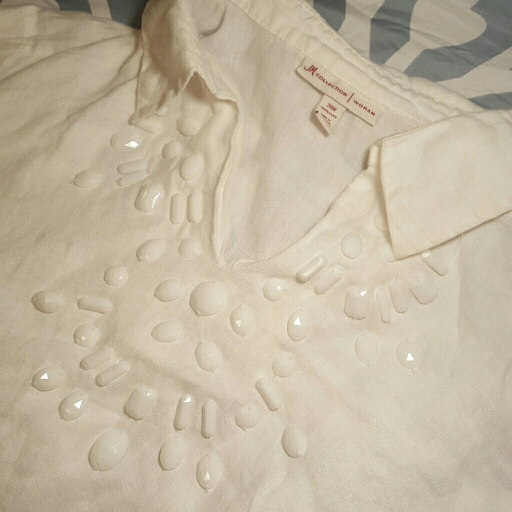 JM COLLECTION LINEN QUARTER SLEEVE COLLARED BLOUSE