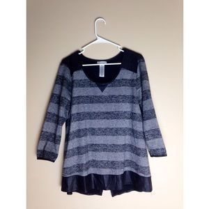 Grey and Black Striped Top With Pleather Detailing