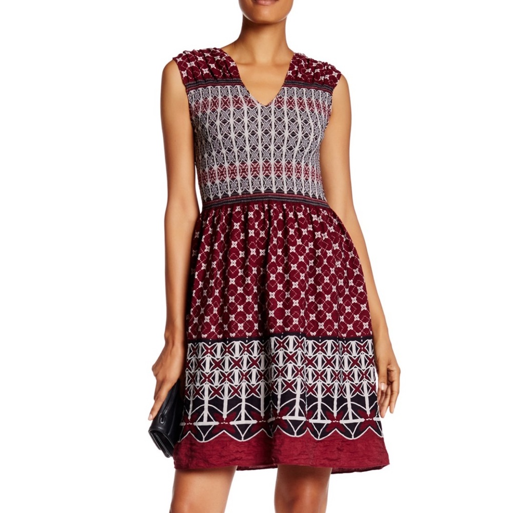 NWT MAX STUDIO Oxblood Smocked Jacquard Dress, Med