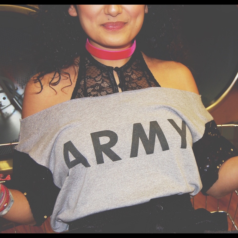 Army Off the Shoulder Sequin Sleeves Tee