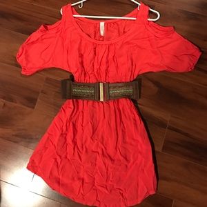 Salmon red summer off shoulder, mid thigh dress