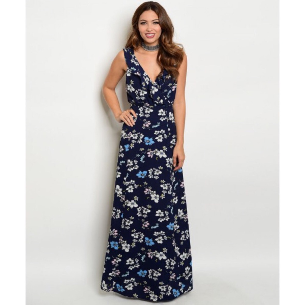 Navy with Ruffles Flowers Maxi Dress sold - Picture 2 of 3