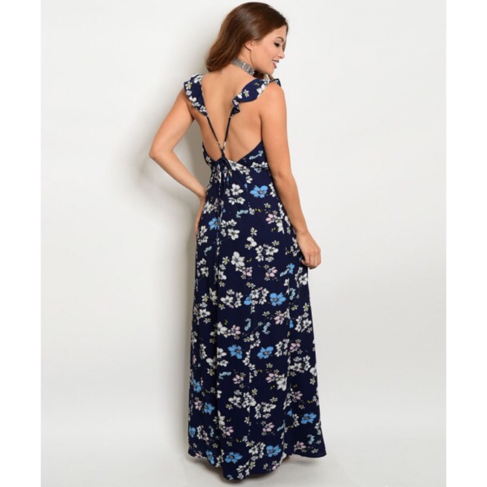 Navy with Ruffles Flowers Maxi Dress sold - Picture 3 of 3