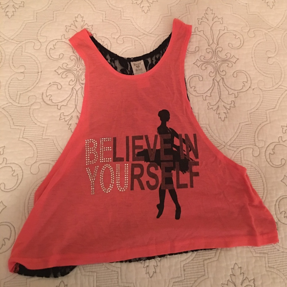 Girls coral and black lace dance top