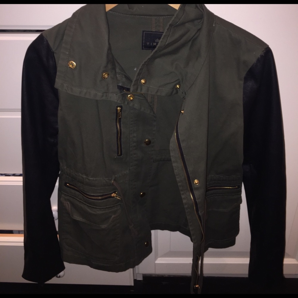 Army green jacket with leather sleeves