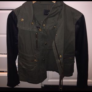 Army green jacket with leather sleeves