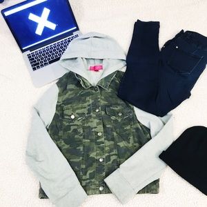 Distressed Camo Denim Contrast Grey Hoodie Cropped