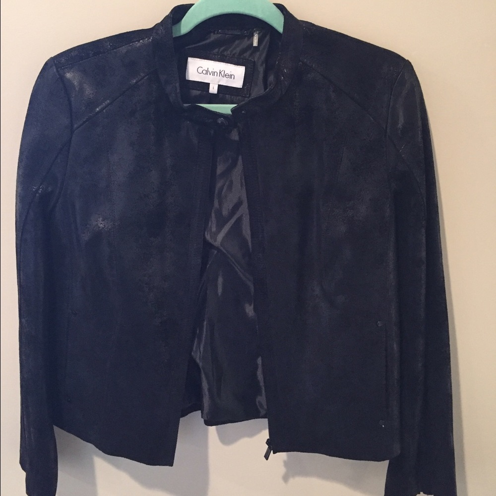 Calvin Klein distressed black leather jacket L
