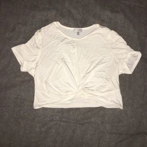stretchy short sleeved white crop top, knot front