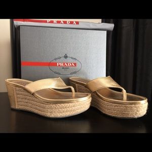 PRADA Gold Metallic Leather Espadrille Wedges