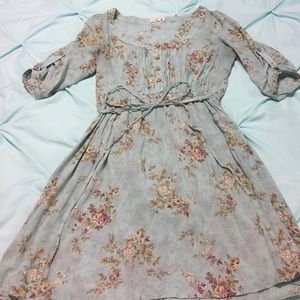 Aqua 3/4 sleeve dress with pink/purple roses.