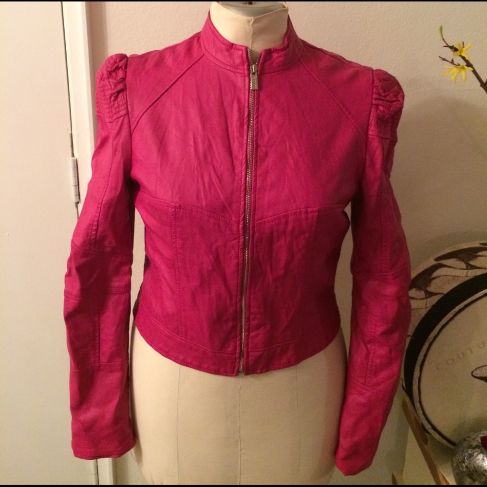 Pretty in pink faux leather Moto jacket
