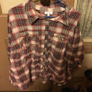 Flannel print button up 3/4 sleeve shirt