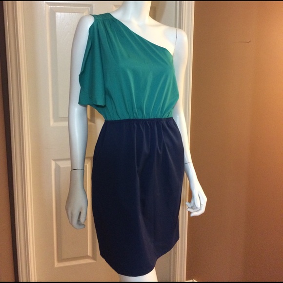 Green / Navy One Shoulder Dress - Picture 1 of 4