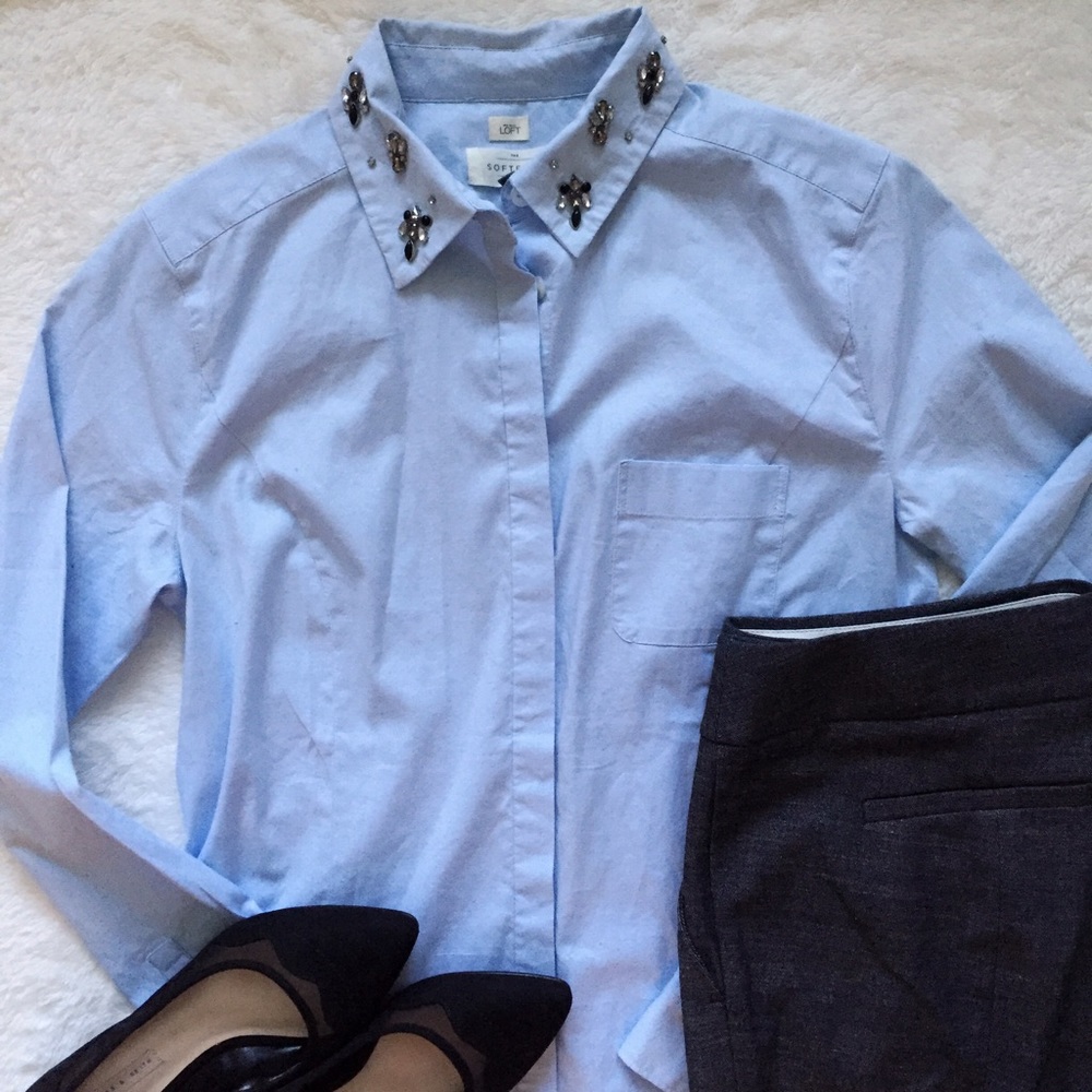 LOFT Jeweled Collar Oxford Long Sleeve Shirt