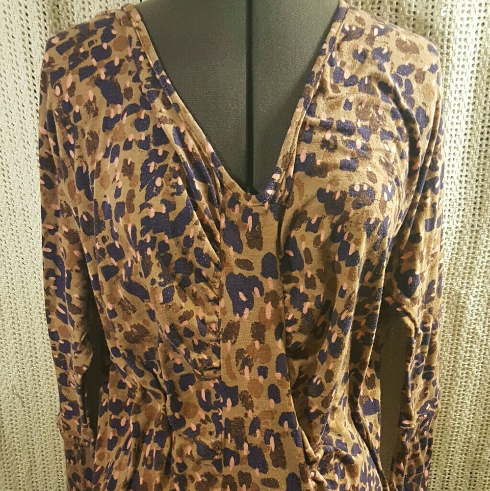 Swirl Brown Leopard Pullover Stretch Top Medium