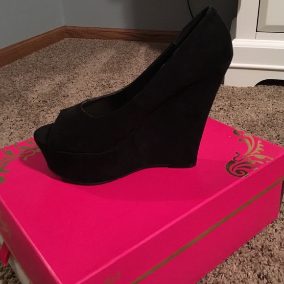 Candie's Shoes - Candies Black Suede Peep-Toe Wedges