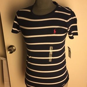 Navy Blue & White Stripe Polo by Ralph Lauren Tee