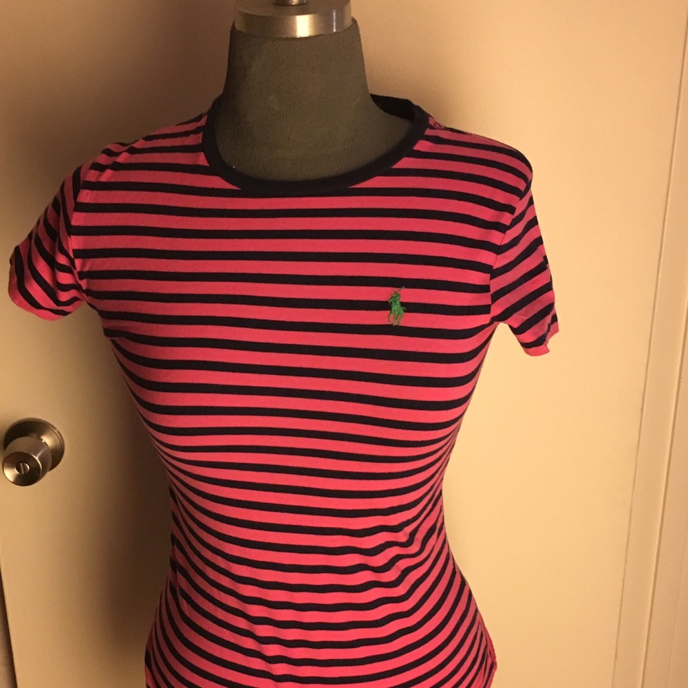 Hot Pink & Navy Blue Stripe Ralph Lauren Sport Tee