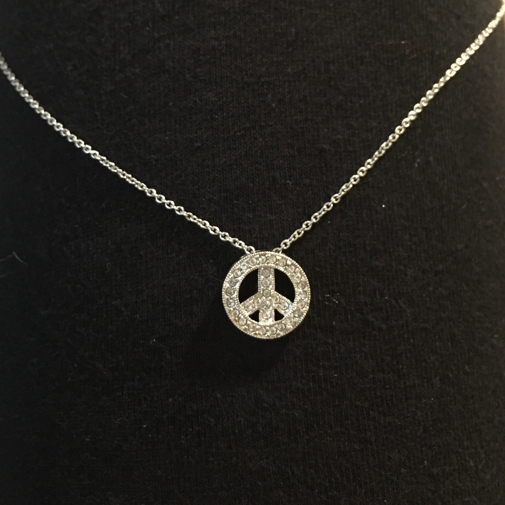 Silver rhinestone peace sign necklace