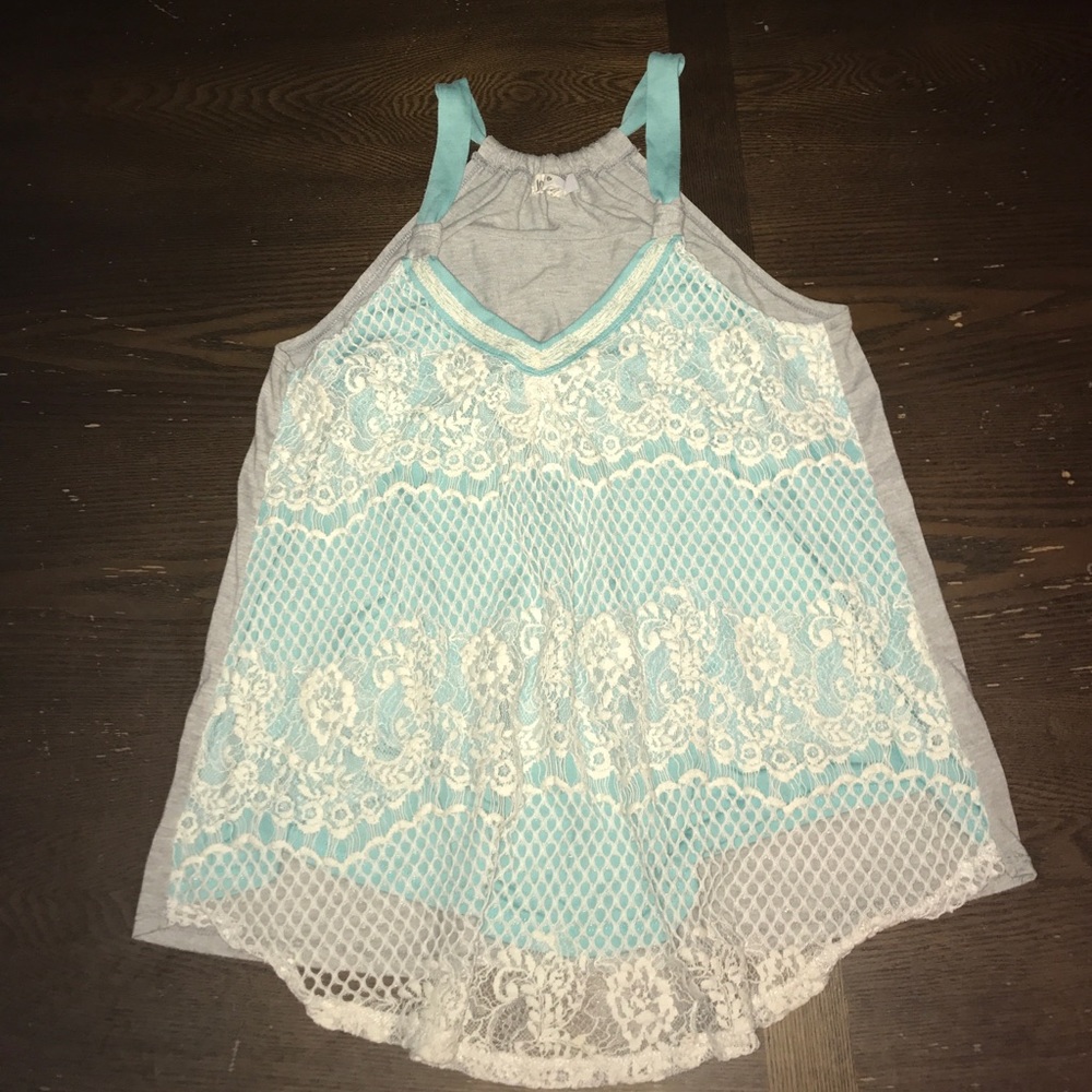 Teal, grey, lace tank top