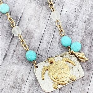 WORN TWO-TONE TURTLE PLATE PENDANT NECKLACE