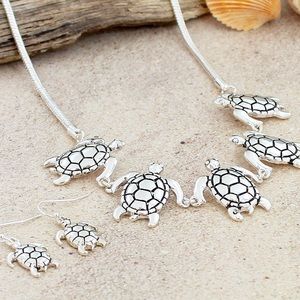 SILVERTONE SEA TURTLE NECKLACE AND EARRING SET